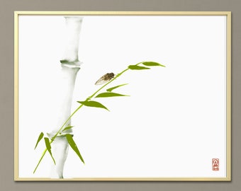 Japanese ink wash painting sumi-e. Cicada and green bamboo branch. Digital download. Wall art, minimalism.