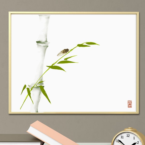Peinture japonaise de lavage d’encre sumi-e. Cigale et branche de bambou vert. Téléchargement numérique. Art mural, minimalisme.