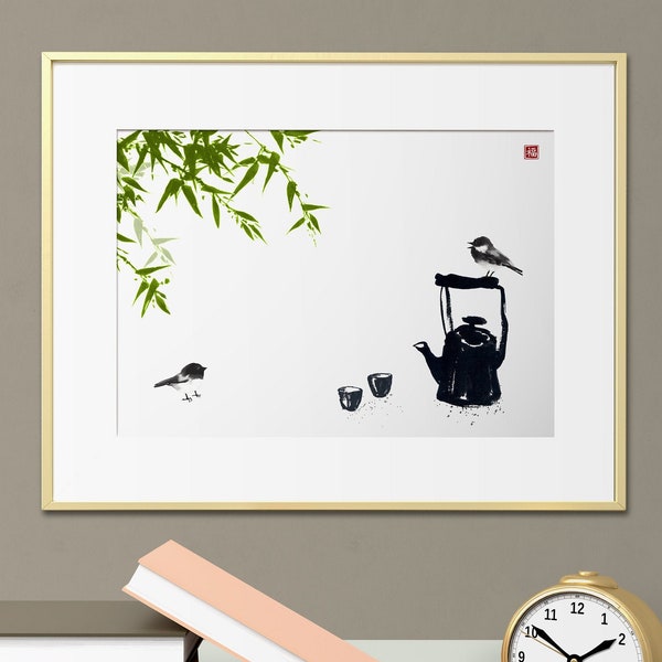 Japanese ink wash painting sumi-e. Two birds and teapot under bamboo tree. Digital download. Wall art, minimalism. Zen art.