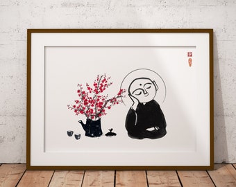 Japanese ink painting sumi-e. Little Buddha Jizo and sakura blossom. Minimalist art, japanese minimal art, wall decor, digital download.