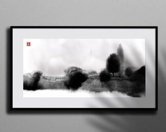 Sumi-e painting with misty trees