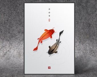 Japanese zen painting sumi-e. Two koi carps. Digital download. Wall art, zen art, minimalism.