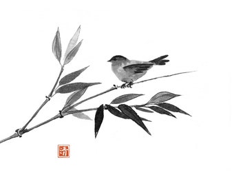 Bamboo and little bird  hand-drawn with ink in sumi-e style. Digital download.