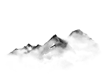 遠くの山々。日本の伝統的な水墨画、墨絵、デジタルダウンロード
