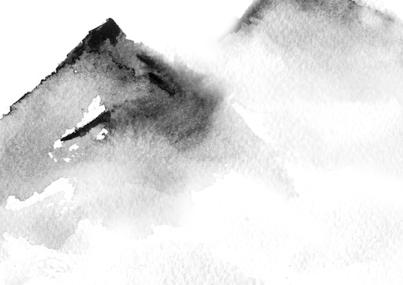 遠くの山々。日本の伝統的な水墨画、墨絵、デジタルダウンロード