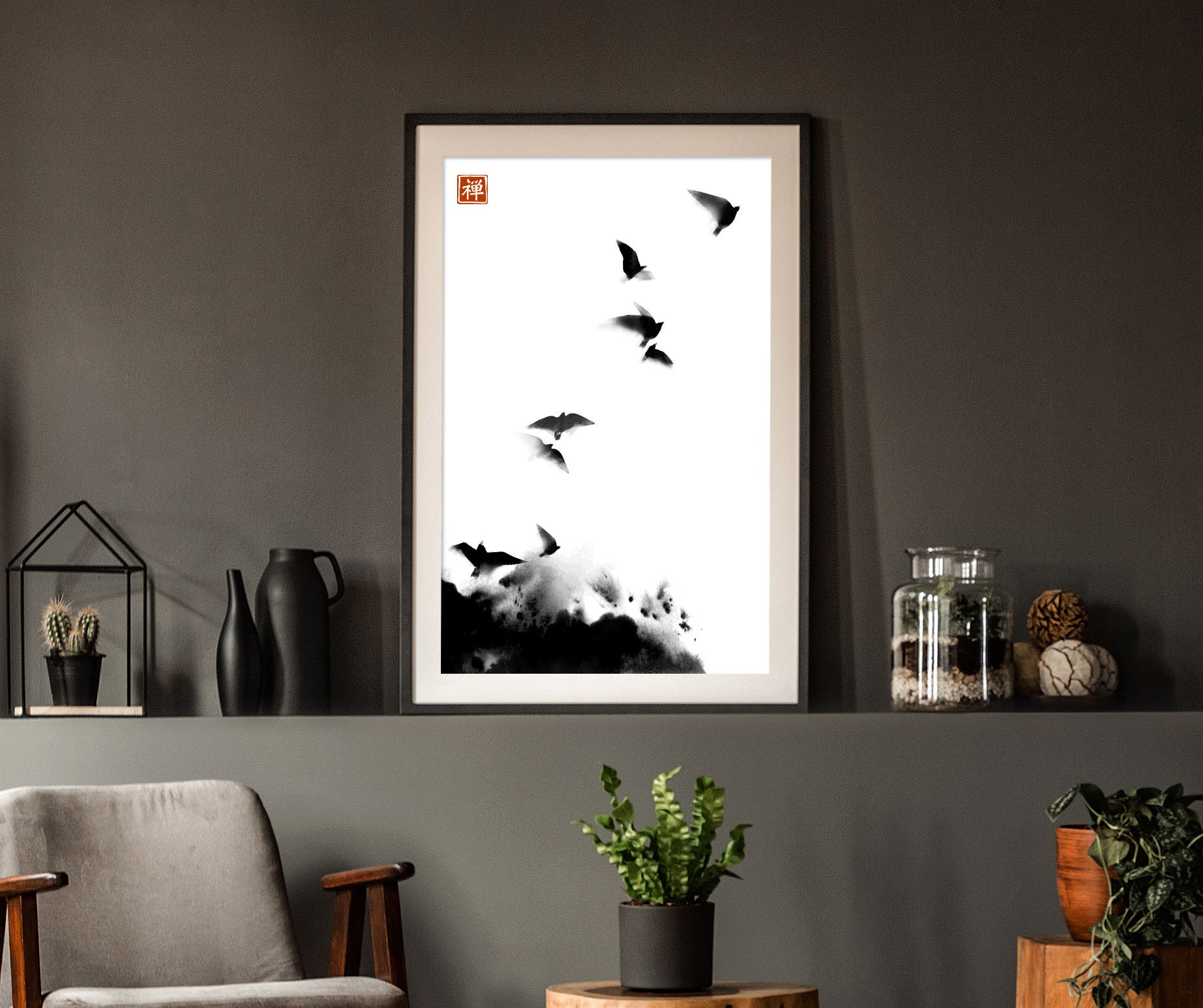 Flying Birds Painted in Sumi-e Style. Japanese Ink Painting Flying Birds Painted in Sumi-e Style. Japanese Ink Painting