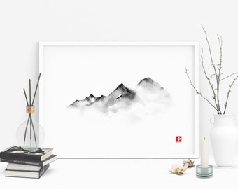 遠くの山々。日本の伝統的な水墨画、墨絵、デジタルダウンロード