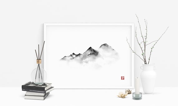 Distant Mountains. Traditional Japanese Ink Wash Painting Sumi-e