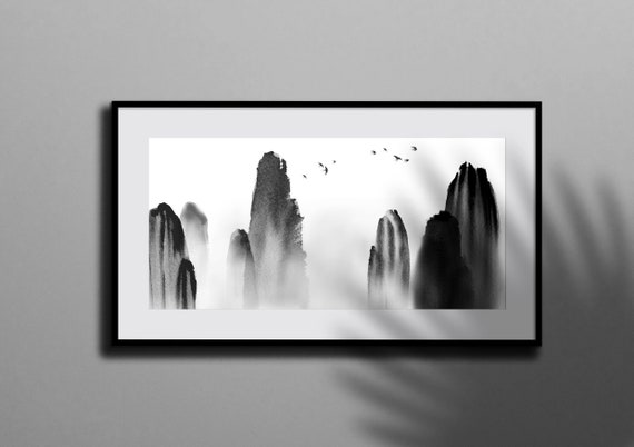 Mountain Ink Wash Print | Sumi-e Japanese Wall Art Printable | Zen Landscape Digital Download