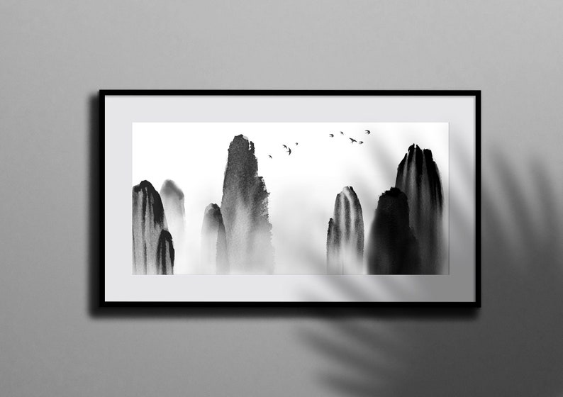 Mountain Ink Wash Print | Sumi-e Japanese Wall Art Printable | Zen Landscape Digital Download image 1