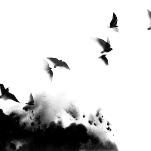 Flying birds painted in sumi-e style. Japanese ink painting sumi-e. Large minimalist art, japanese minimal art