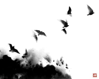 Flying birds painted in sumi-e style. Japanese ink painting sumi-e. Large minimalist art, japanese minimal art