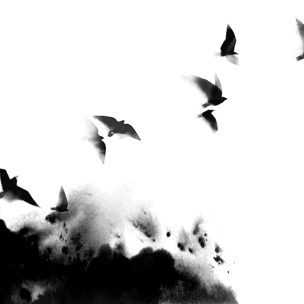 Flying birds painted in sumi-e style. Japanese ink painting sumi-e. Large minimalist art, japanese minimal art