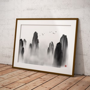 Mountain Ink Wash Print | Sumi-e Japanese Wall Art Printable | Zen Landscape Digital Download image 2