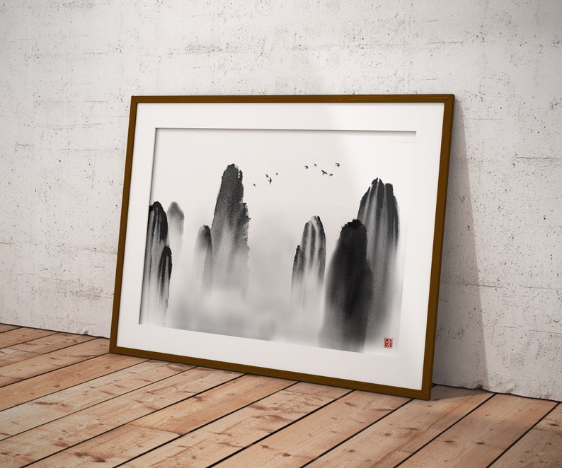 Mountain Ink Wash Print | Sumi-e Japanese Wall Art Printable | Zen Landscape Digital Download image 2