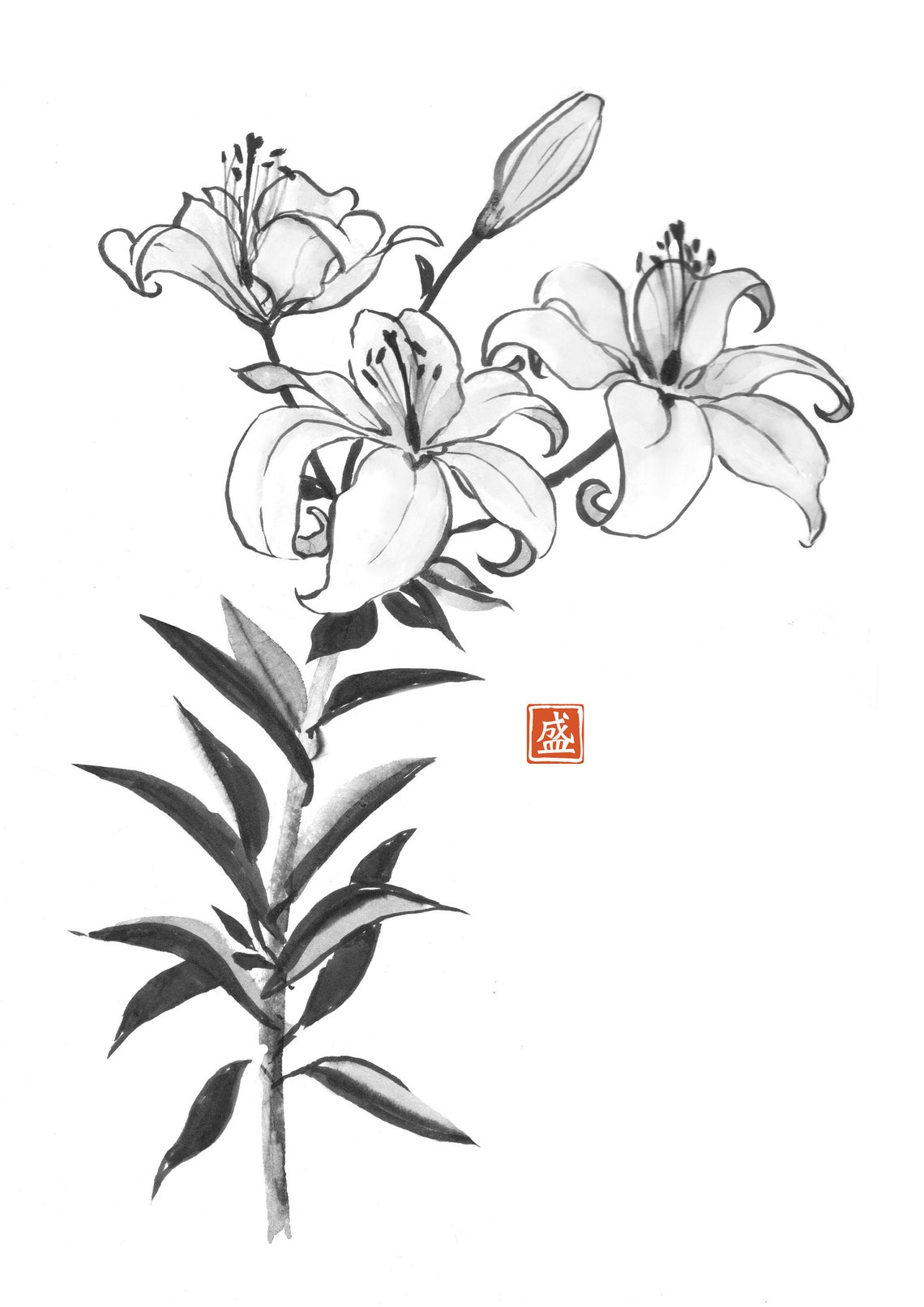 Lily flowers in Japanese style. Traditional Japanese ink wash Etsy