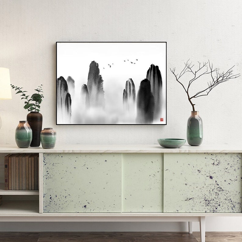 Mountain Ink Wash Print | Sumi-e Japanese Wall Art Printable | Zen Landscape Digital Download image 3