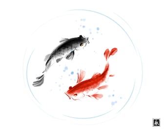 Koi carps painted in sumi-e style. Japanese ink painting sumi-e. Large minimalist art, japanese minimal art
