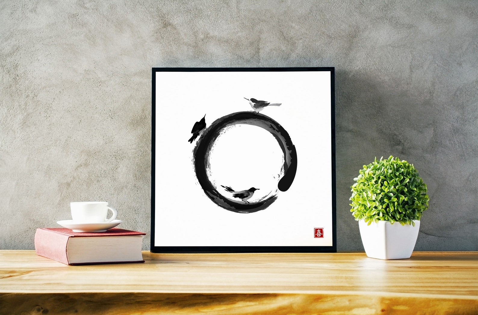 Japanese Zen Painting Sumie. Enso Zen Circle and Three Little Birds