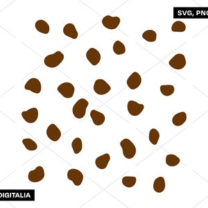 Può includere: Uno sfondo bianco con un motivo di macchie marroni. Le macchie sono di varie dimensioni e forme.