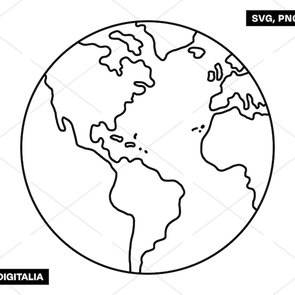 Earth Outline - World, Globe, Planet, Vector Art, Instant Digital Download; Svg Cut Files, Png, Jpg, Ai, Printing, Cricut, Silhouette!