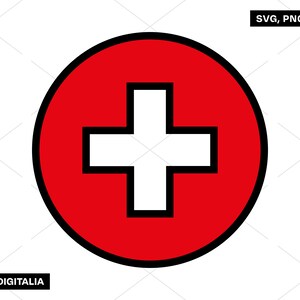 Puede incluir: Un círculo rojo con una cruz blanca en el centro. La cruz tiene un contorno negro.