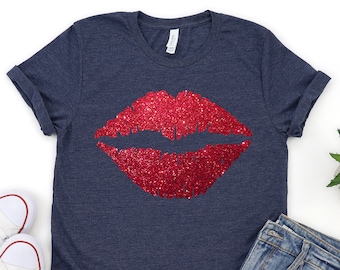 Chemise pour femme pour la Saint-Valentin, lèvres pour femme, t-shirt baiser pour femme, chemise baiser, rouge à lèvres, cadeaux pour elle, chemise lèvres, chemise en vinyle à paillettes pour femme