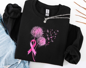 Pink Dandelion Sweatshirt, Breast Cancer Awareness Shirt, Pink Ribbon Dandelion Crewneck, Cancer Support Gift, Survivor Shirt for Women