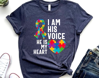 I Am His Voice He Is My Heart Shirt, Autism Shirt, Autism Mom Shirt, Proud Mom Shirt, Mama Bear Shirt, Autism Puzzle Shirt, Autism Heart Tee