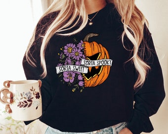 Sorta Sweet Sorta Spooky Sweatshirt, Halloween Sweatshirt, Flower Skull Shirt, Halloween Shirt, Halloween Party Shirt, Flower Pumpkin Shirt