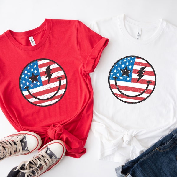 Retro Star Lightning Shirt, Amerikaanse vlag Smiley Face Shirt, Amerikaanse vlag, 4 juli Shirt, Independence Day Tee, Shirt voor 4 juli