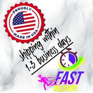 May include: A red, white, and blue American flag with the words "Proudly Made in USA" in a red circle. The text "shipping within 1-3 business days" is written in black with a red line underneath. A green arrow with a purple and blue timer is pointing up with the words "FAST DELIVERY" in purple, blue, and yellow.