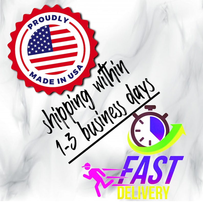 May include: A red, white, and blue American flag with the words "Proudly Made in USA" in a red circle. The text "shipping within 1-3 business days" is written in black with a red line underneath. A green arrow with a purple and blue timer is pointing up with the words "FAST DELIVERY" in purple, blue, and yellow.