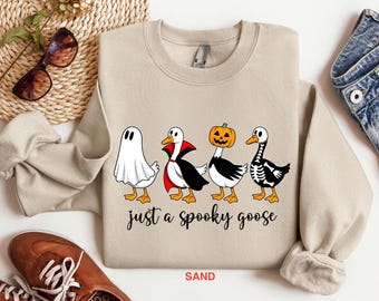 Just A Spooky Goose Sweatshirt, Funny Halloween Goose Shirt, Cute Fall Animal Crewneck, Ghost Pumpkin Skeleton Pullover, Cute Halloween Top