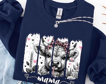 Highland Cow Mama Sweatshirt, Cute Farm Mom Crewneck, Pink Bow Cow Shirt, Western Coquette Mama Pullover, Mother's Day Gift for Mom