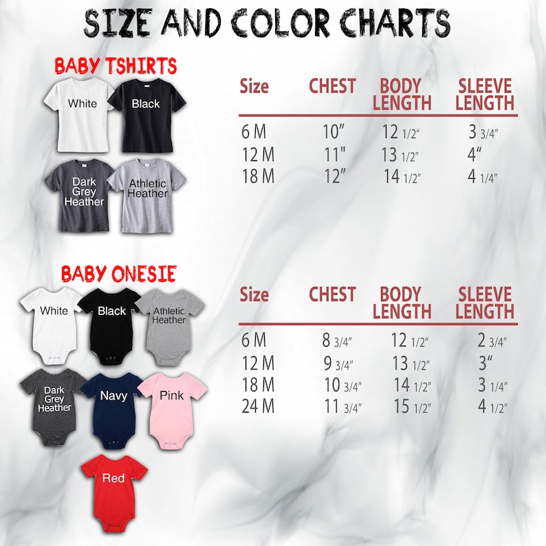 Puede incluir: Tablas de tallas y colores para camisetas y bodies de beb&eacute;. Las tallas de camisetas son 6M, 12M y 18M, con medidas de pecho de 25,4 cm a 30,5 cm. Las tallas de body son 6M, 12M, 18M y 24M, con medidas de pecho de 22,2 cm a 29,8 cm.