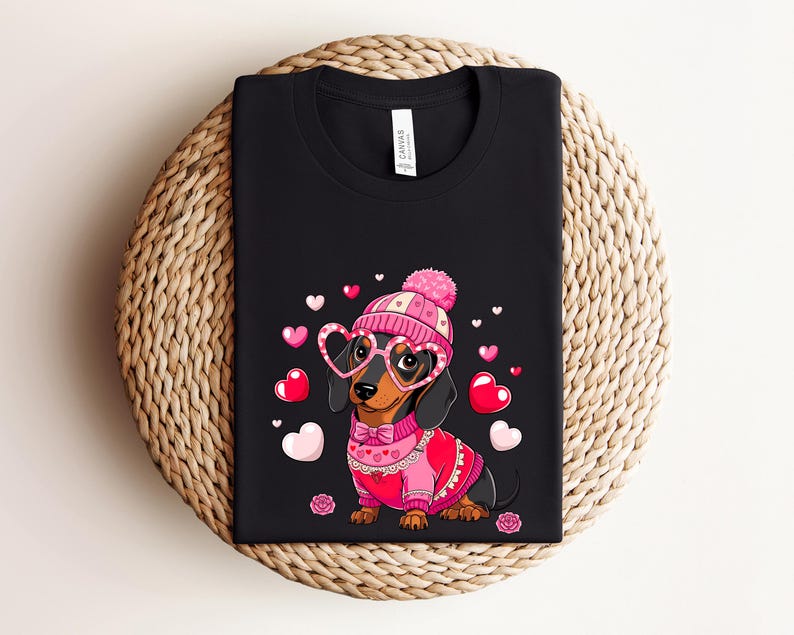 May include: Black t-shirt with a cartoon dachshund wearing a pink hat, pink heart-shaped glasses, and a pink sweater with hearts. The dachshund is surrounded by pink hearts.