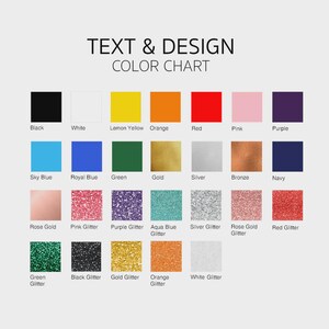 Pu&ograve; includere: Una tabella colori per testo e design, con una variet&agrave; di colori tra cui nero, bianco, giallo, arancione, rosso, rosa, viola, blu, verde, oro, argento, bronzo e blu navy. Sono mostrate anche opzioni glitterate.