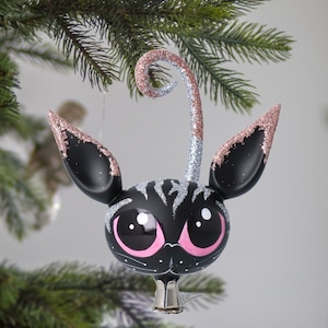 Vidrio negro y rosa gato hecho a mano decoración soplada gratis gato adornos de clips de árbol de Navidad