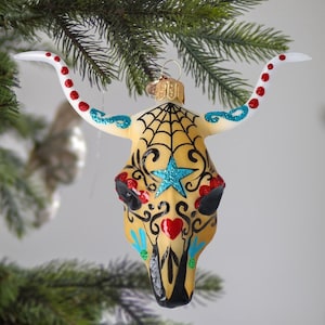 Glass Sugar Bull Skull Handmade Sugar skull Longhorn Cow Skull and Horns free blown Mexican bull skull Christmas ornament Day of the dead