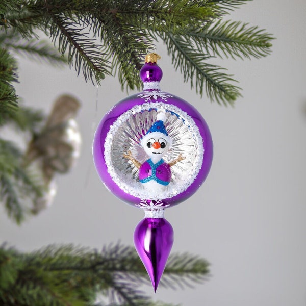 Glass Big Purple Reflector Drop with Snowman Handmade ornament with Snowflakes Drop with Reflector Handmade free blown ornament