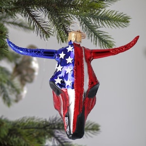 Glass American Flag Bull Skull Handmade USA Flag Longhorn Cow Skull and Horns free blown decoration glass Cow skull Christmas tree ornament