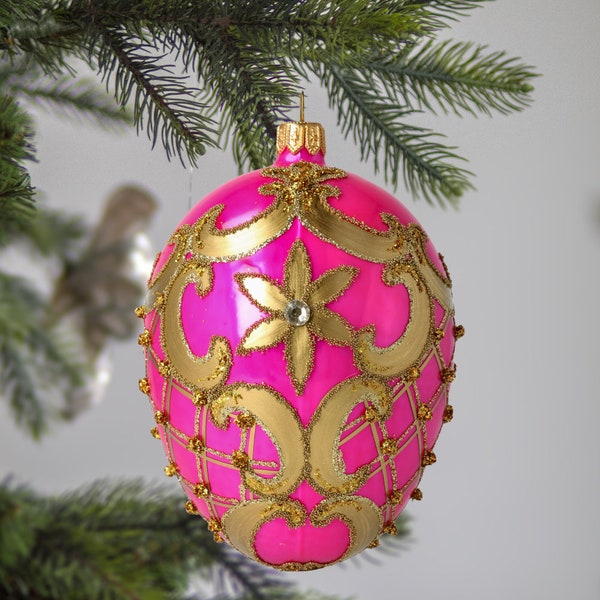Glass Royal Pink and Gold Egg Faberge Glass Christmas Handmade Ornament