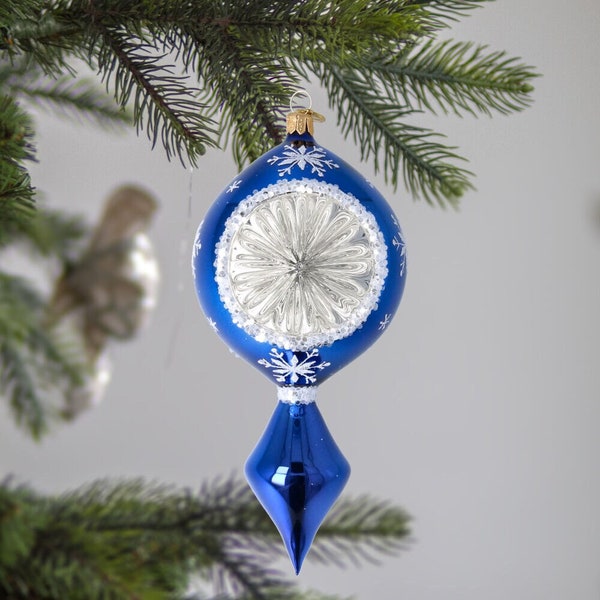 Glass Frozen Drop with Reflector Snowflakes Navy Blue Handmade free blown ornament 2024-33