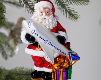 Glass Handmade Santa Claus with Airplane Glass Ornament Handmade ornament Holiday decoration
