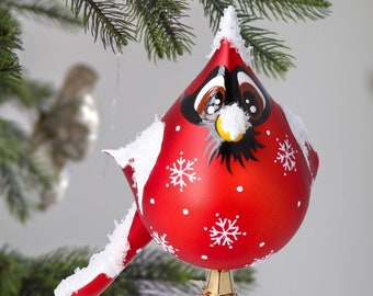 Glass Cardinal Bird Covered in Snowflakes clip Handmade Glass clip Ornament Free blown Handmade decoration 2024-056