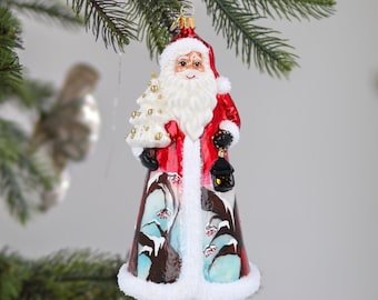 Glass Big Santa Claus with Cardinals Glass Ornament Handmade ornament Holiday decoration 2022-083