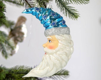 Glass Big Moon Santa Claus in Blue hat Glass Ornament Handmade ornament Holiday decoration