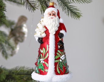 Amazing Glass Big Santa Claus with mistletoe flower and snowy village Glass Ornament Handmade ornament Holiday decoration 2024-261