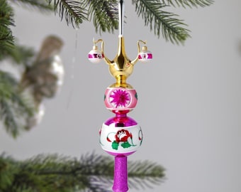 Glass Floral Pink Reflector Tree Topper with baubles Handmade Vintage Style Tree top with reflector free blown Tree topper